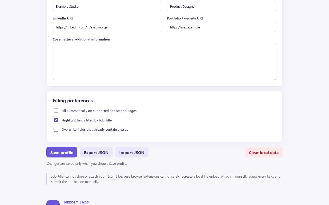 Job-Filler settings showing local controls and data management actions