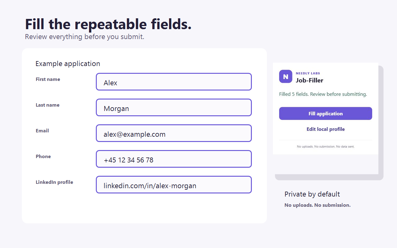 A job application with fields filled and highlighted by Job-Filler