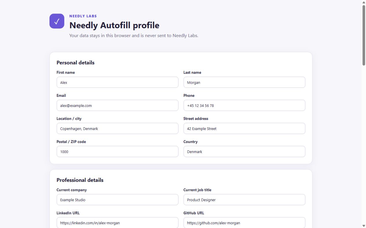 Job-Filler profile settings with local contact and professional details